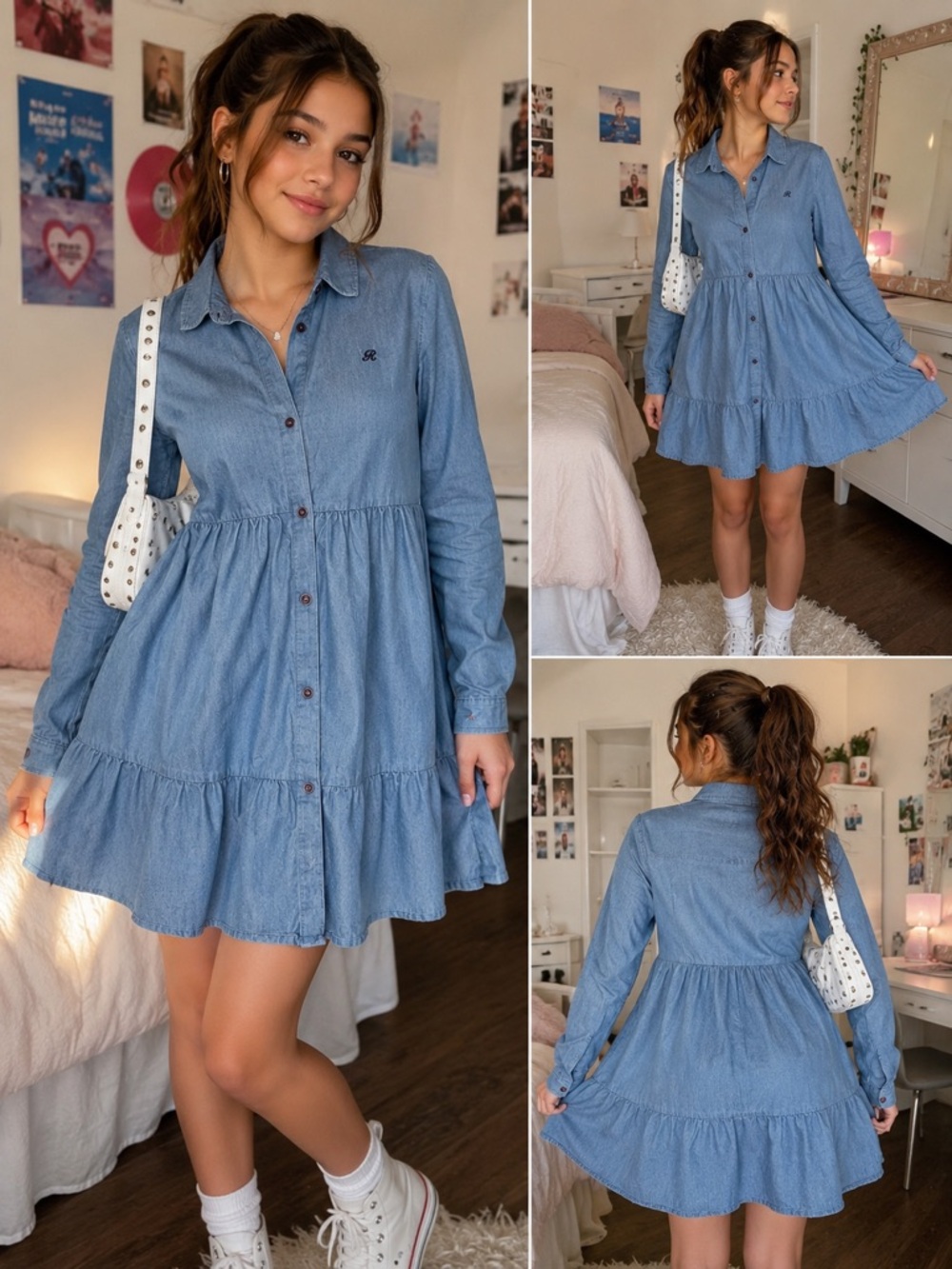 Renoma Paris Blue Denim Button Front Collared Long Sleeve Dress 160